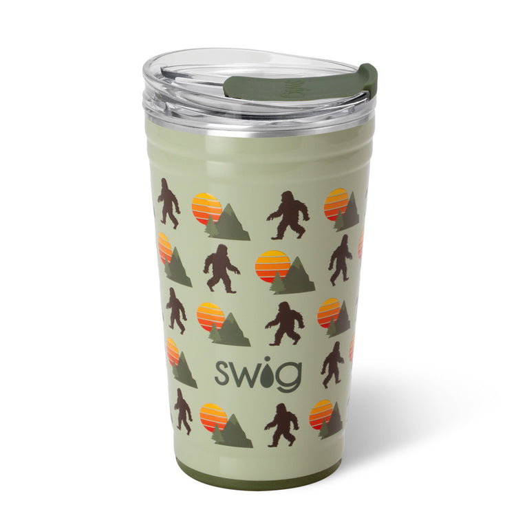Olive green 24oz insulated stainless steel party cup with Bigfoot, mountain, and sunset pattern.