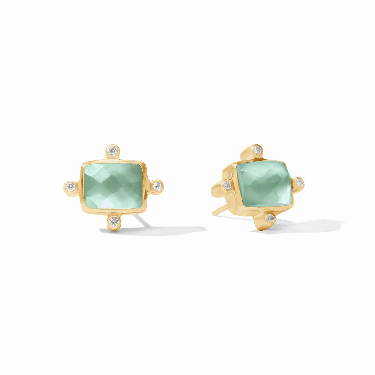 Clara Stud Gold earrings featuring a mother-of-pearl center with cubic zirconia accents on gold-plated posts.