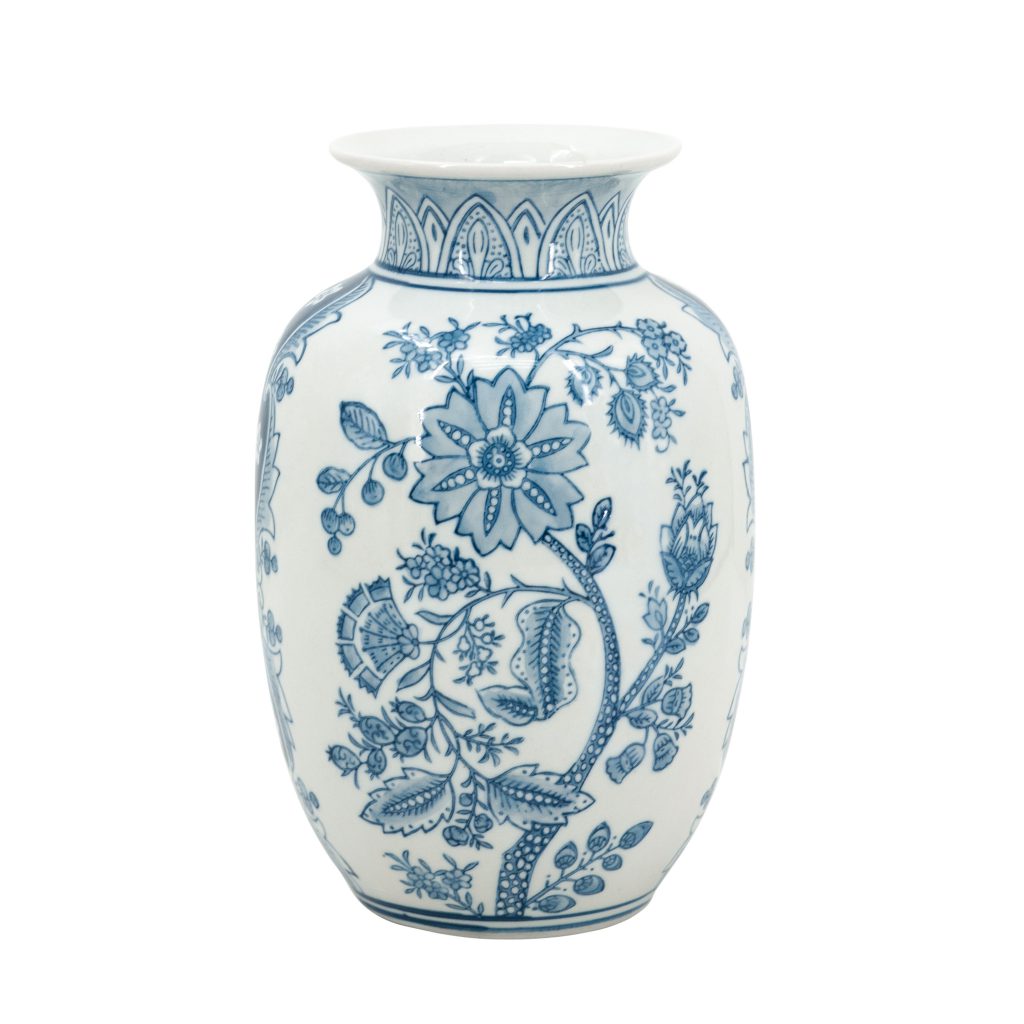 White porcelain flower vase with a classic cylindrical silhouette.