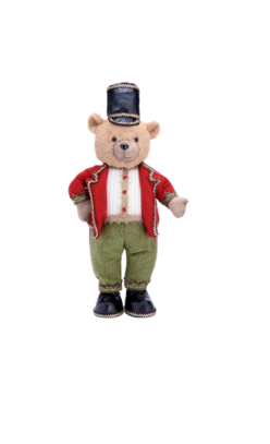 Plush nutcracker teddy bear wearing a black top hat, red jacket, and green pants.