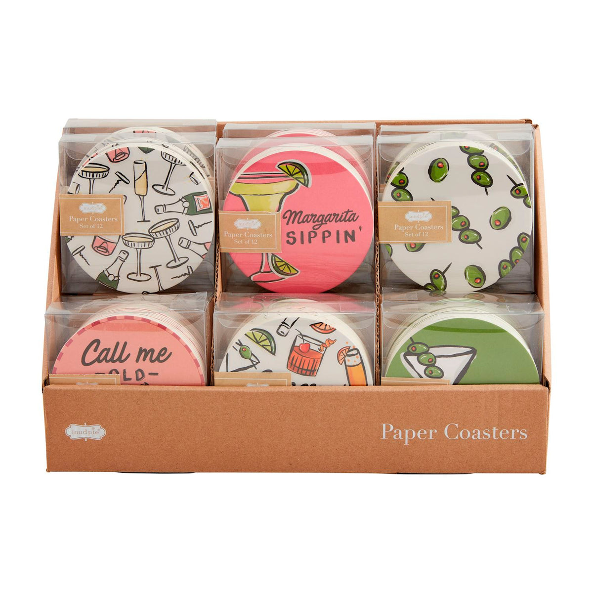 Display box containing six different sets of round cocktail-themed paper coasters.