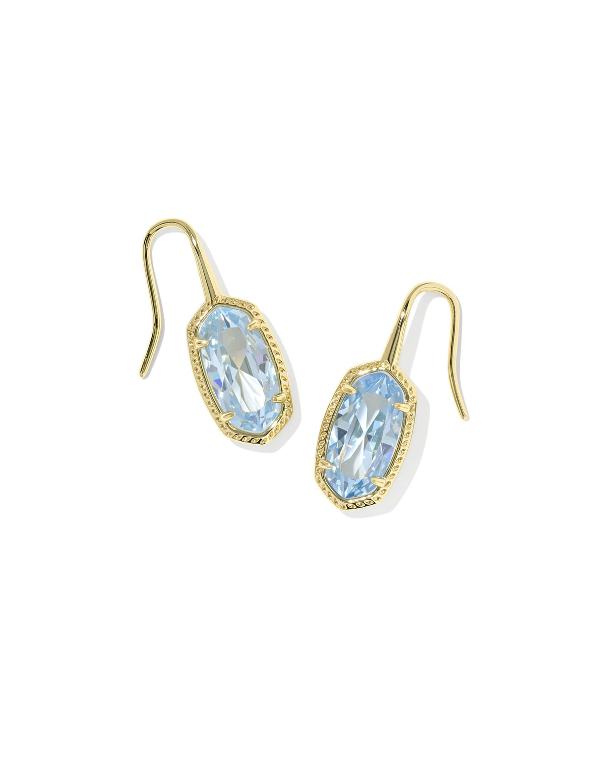 Lee Luxe Drop Earrings featuring light blue oval stones in gold-tone settings with earwire closures.