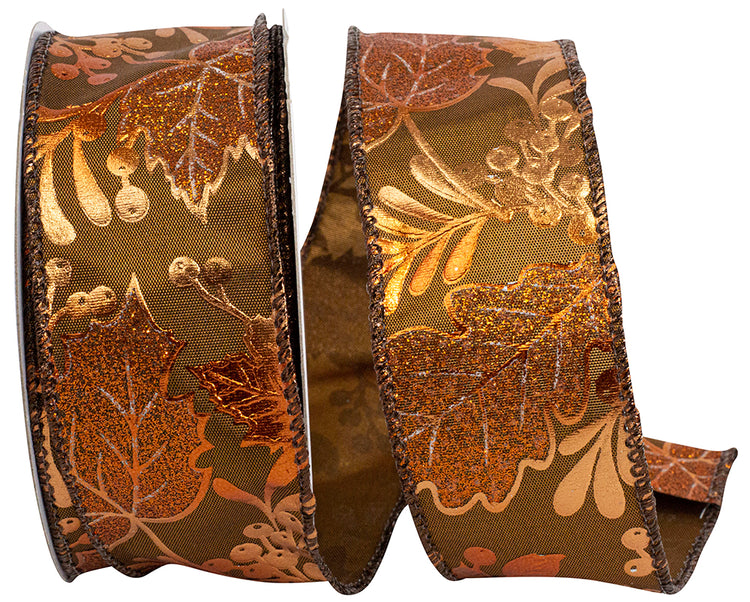 Copper metallic wired edge ribbon with glittery autumn leaves and acorn patterns.