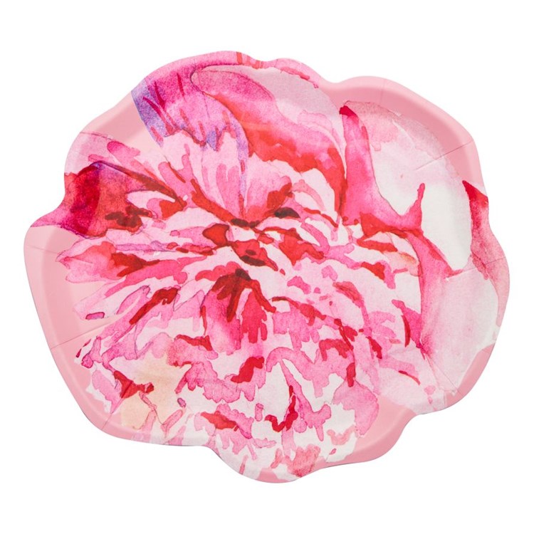 Scalloped pink salad plate featuring a vibrant watercolor pink peony floral design.