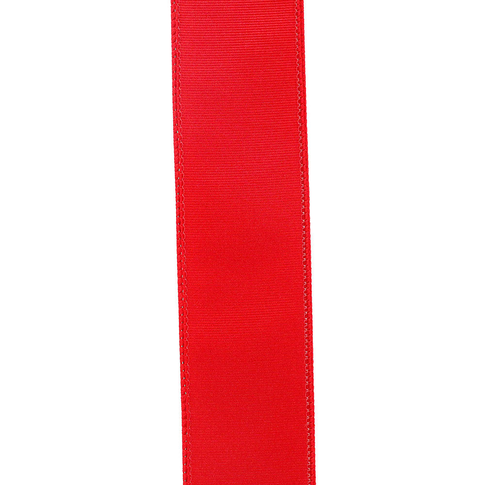Red 1-1/2 inch grosgrain sheen wired edge ribbon with a textured finish.