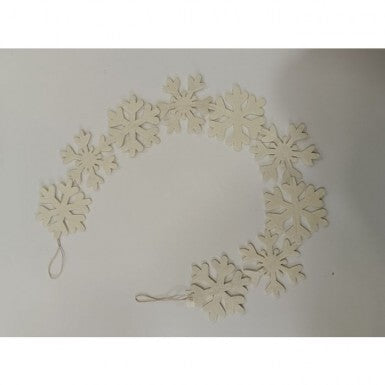 Cream-colored felt snowflake garland arranged in a semi-circle on a white background.