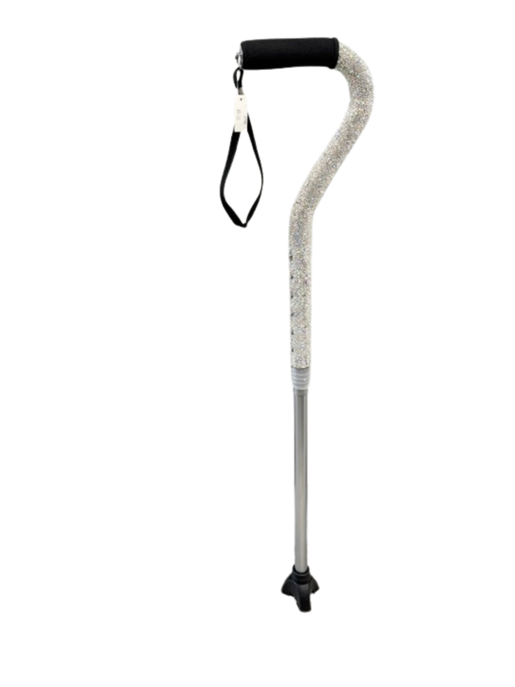 Adjustable rhinestone walking cane with silver crystals, black foam grip, and wrist strap.