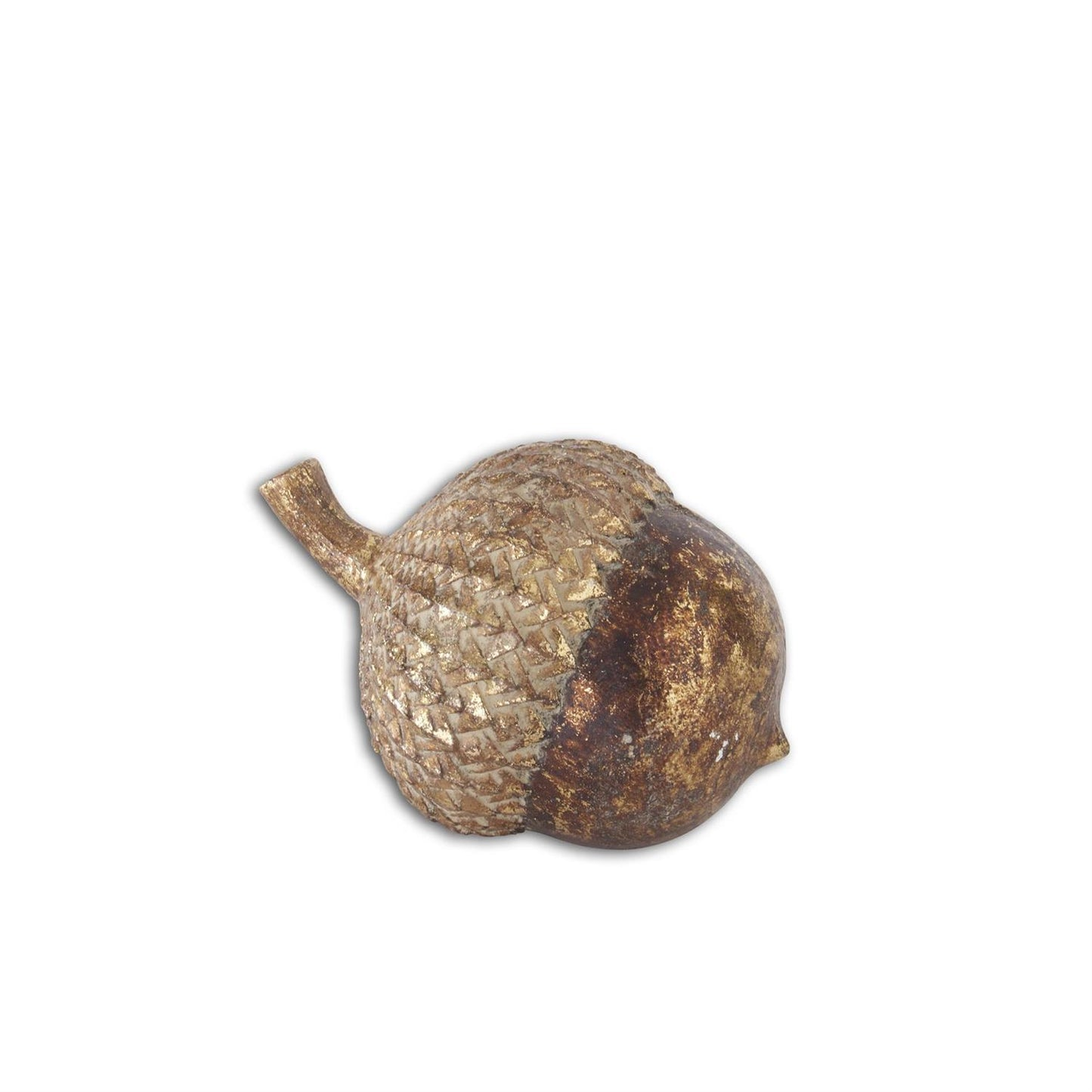 Gold gilded resin acorn with a textured cap and smooth nut, featuring a rustic metallic finish.