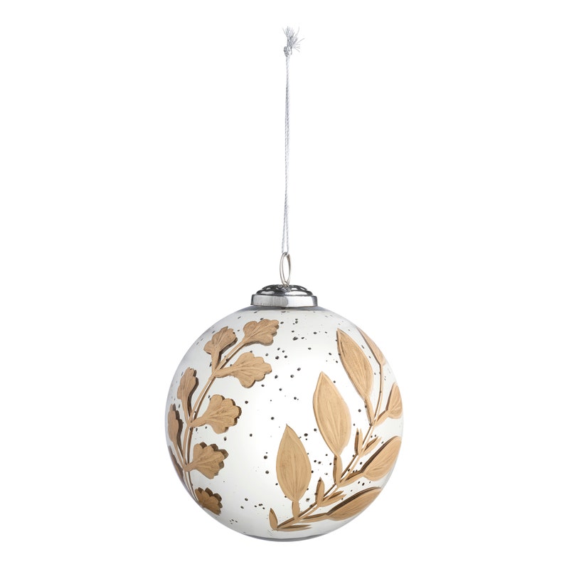 Round antique mercury glass 6-inch ornament with gold etched botanical leaf patterns.