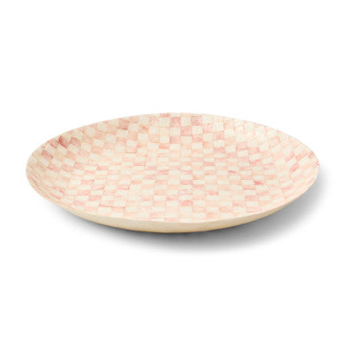 Rosy check capiz decorative bowl with a natural shell material pattern.