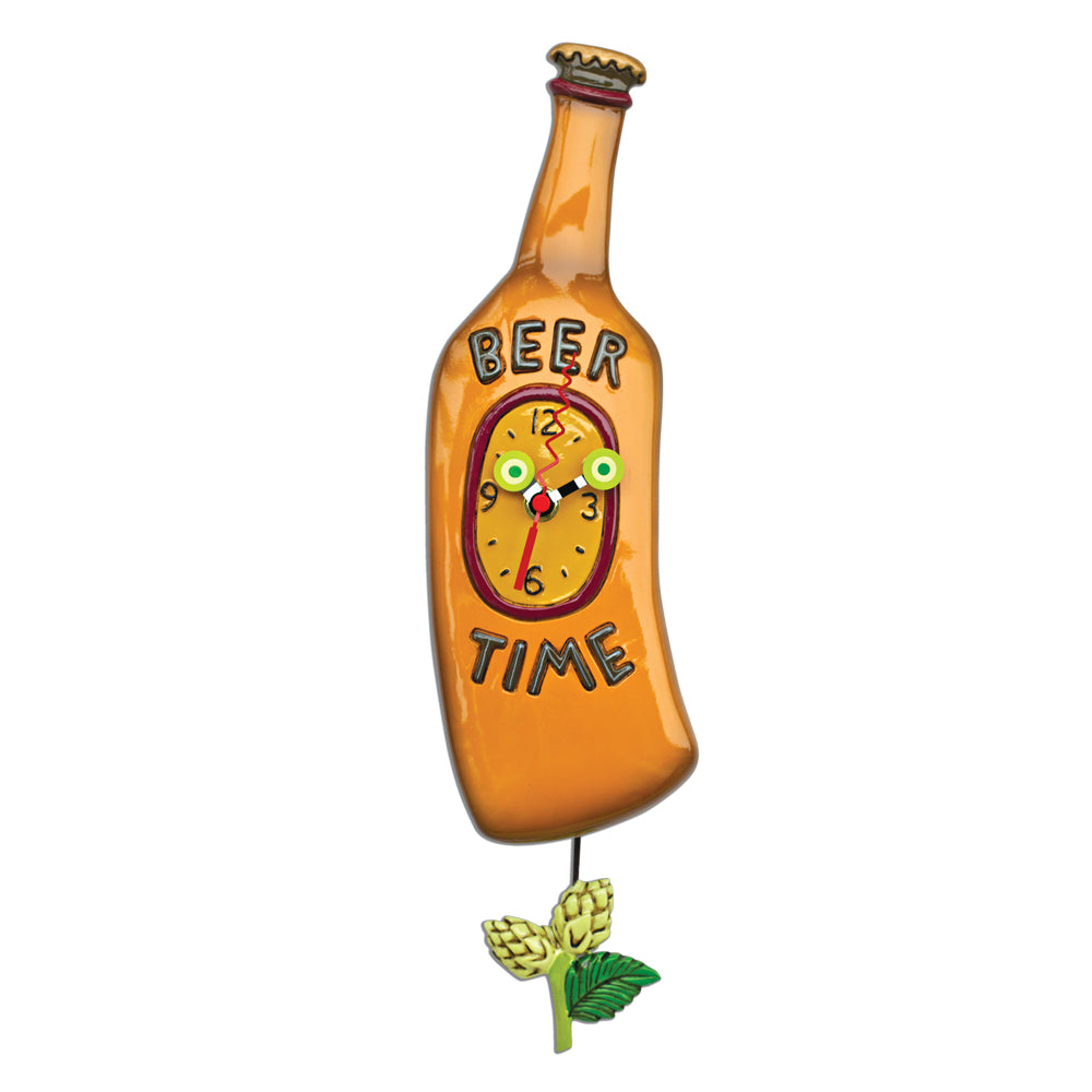 Beer bottle shaped wall clock with a hop pendulum and the text "Beer Time".