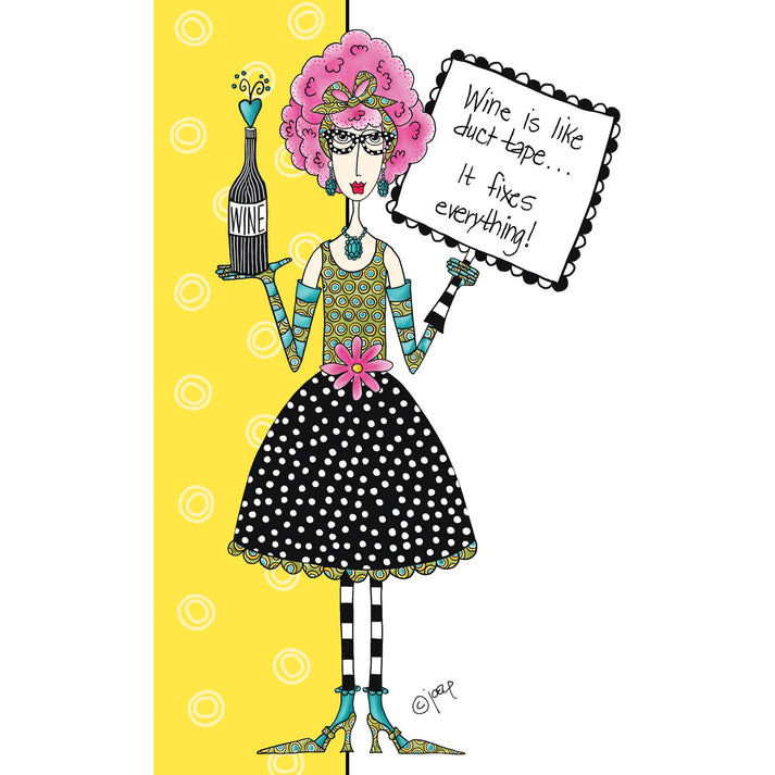 Dolly BD wine bottle with foil label reading 'Wine is like duct tape' and embossed glitter text.