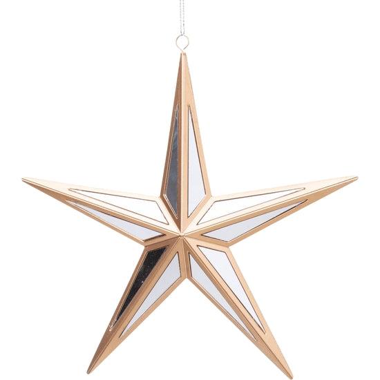 Matte gold plastic frame with a mirrored interior holding a slim star-shaped ornament.
