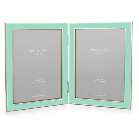 Double frame with turquoise blue enamel front and gold accents holding a photo.