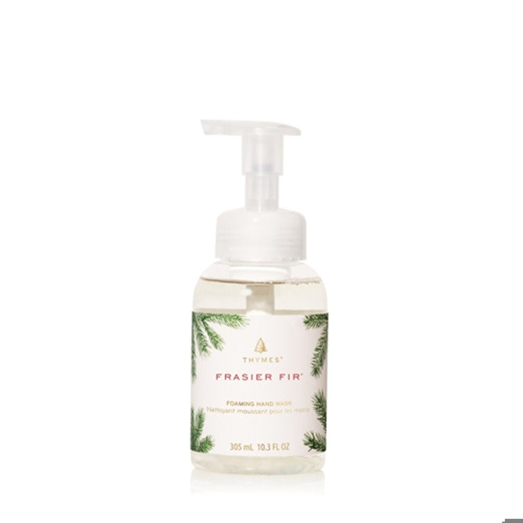 Bottle of Frasier Fir foaming hand wash with a frosted white label and green cap.