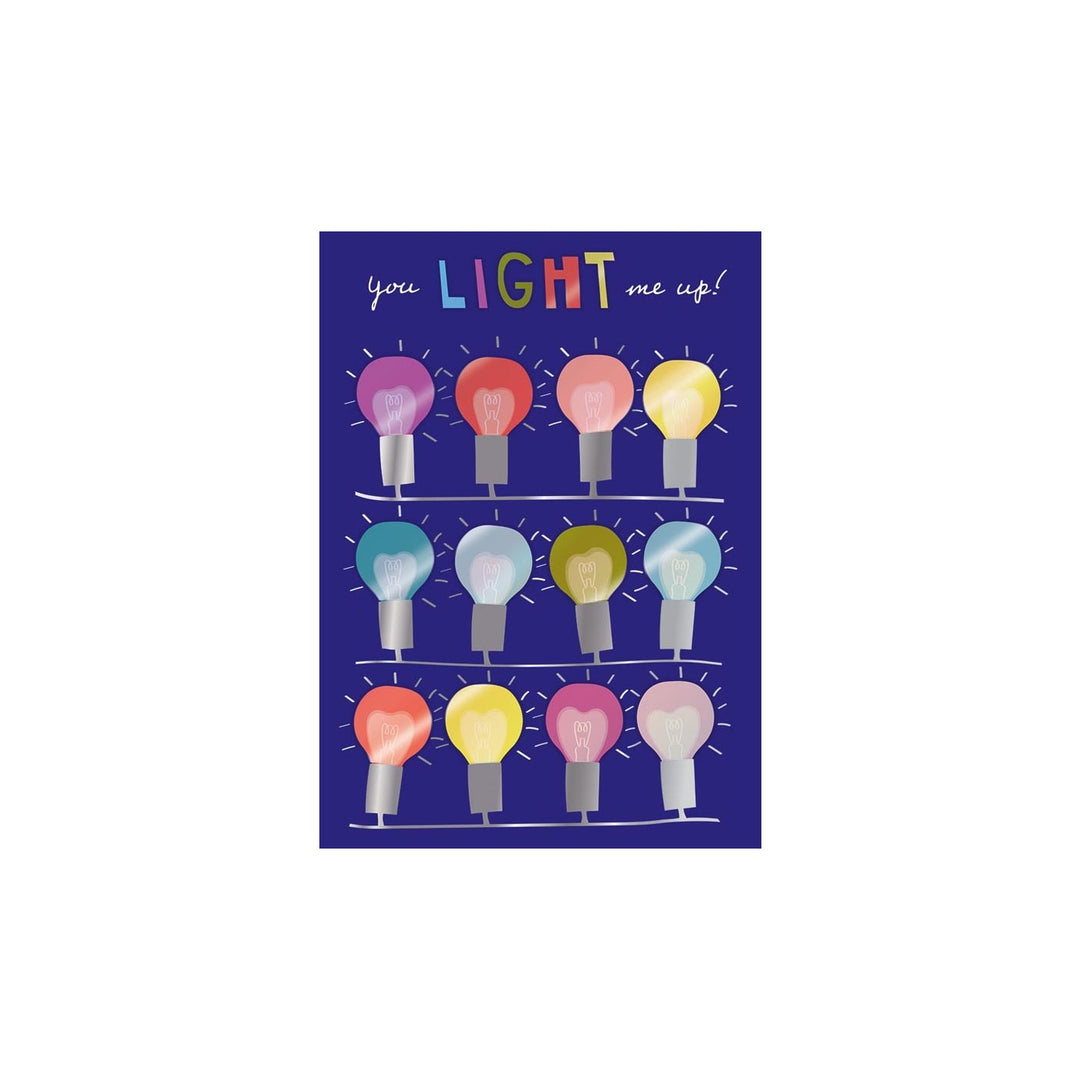 Card with colorful heart-shaped light bulbs and the text "you LIGHT me up!"