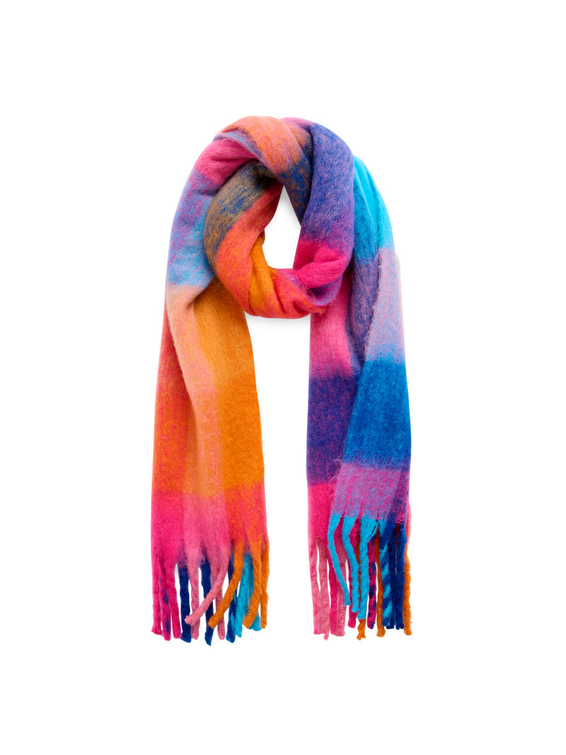 Oversized multi-colored brushed scarf in pink, blue, and orange with fringe trim.