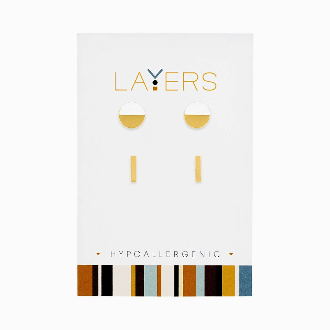 Two pairs of gold stud earrings: one set of half-circles and one set of vertical bars.