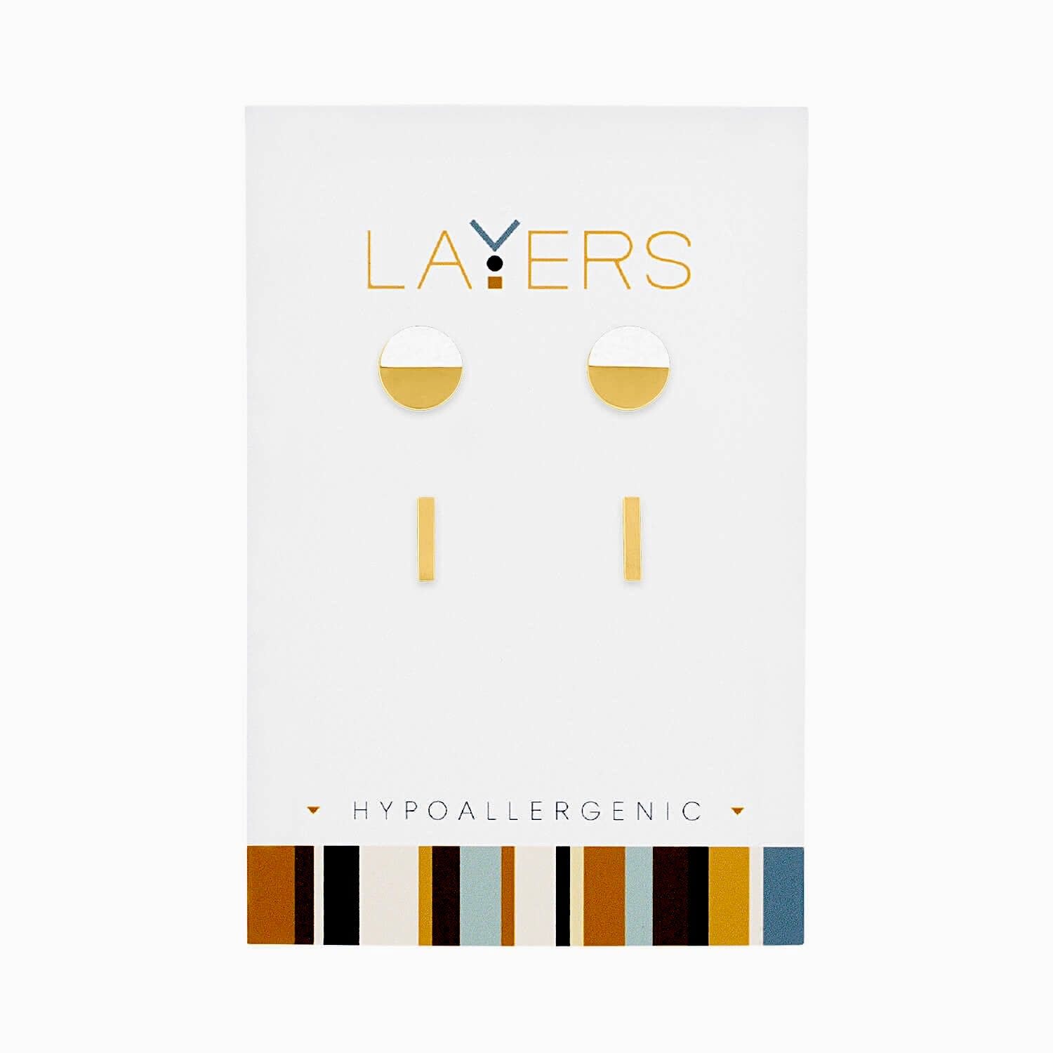 Two pairs of gold stud earrings: one set of half-circles and one set of vertical bars.