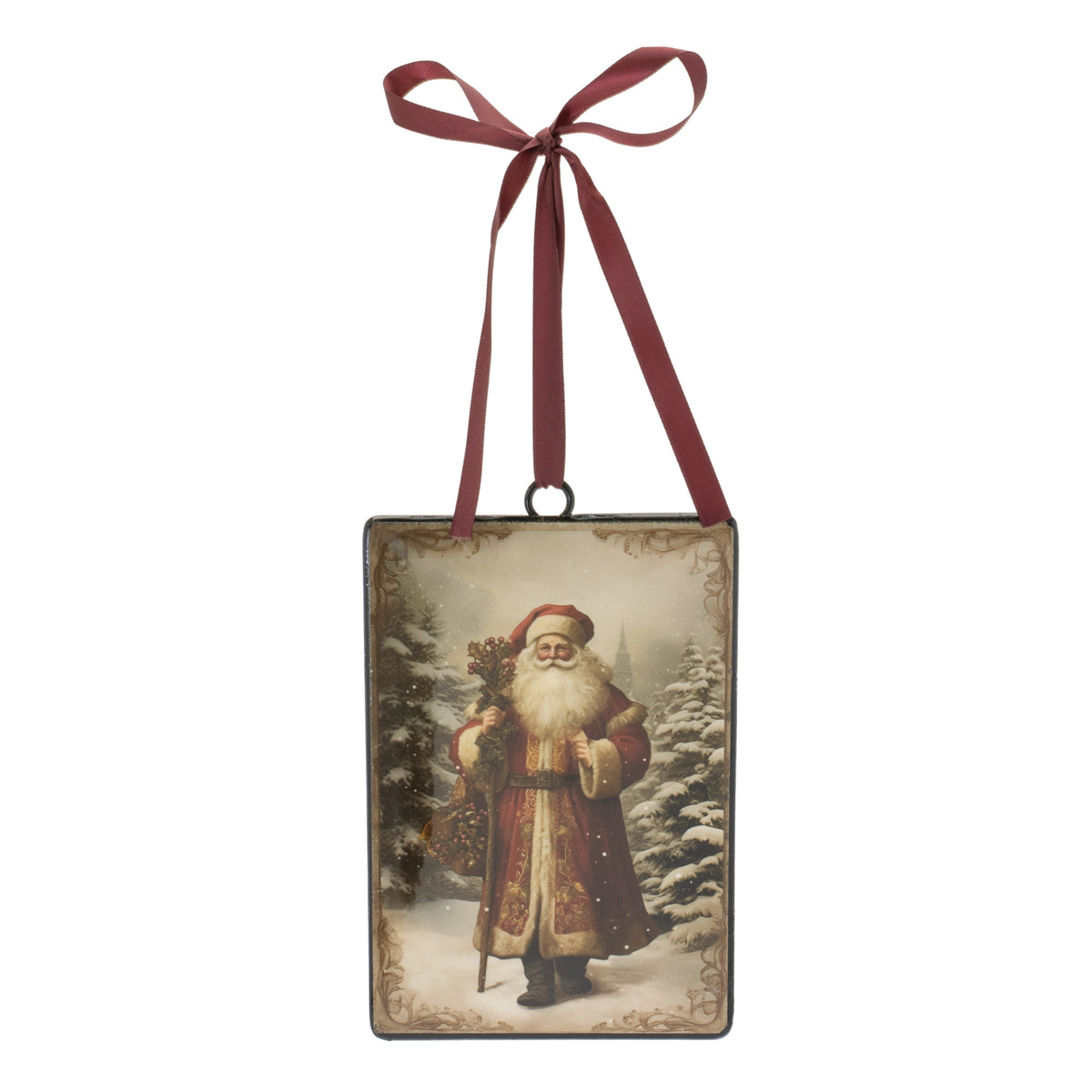 Rectangular 6.75-inch Santa Claus ornament with a vintage illustration and a red ribbon hanger.