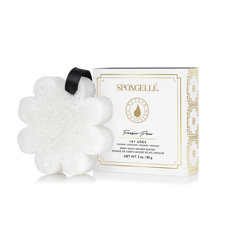 Boxed Flower bath sponge with chic hanging ribbon in soft pastel hue
