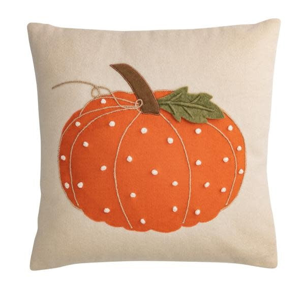 Square felted wool pillow with pumpkin appliqué, French knots, canvas backing, and zipper closure in autumnal tones.