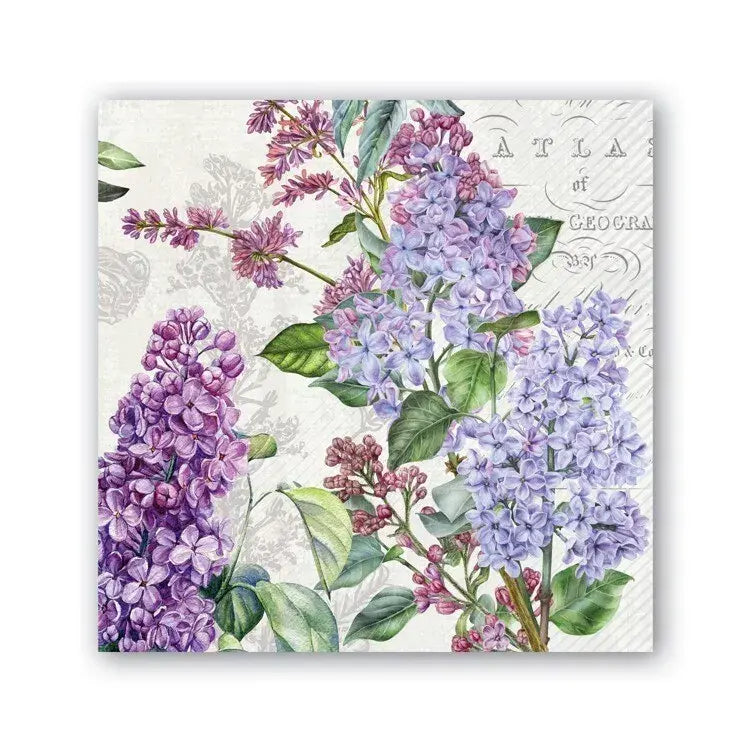 French Lilacs cocktail napkin featuring a purple floral botanical print on triple-ply paper.