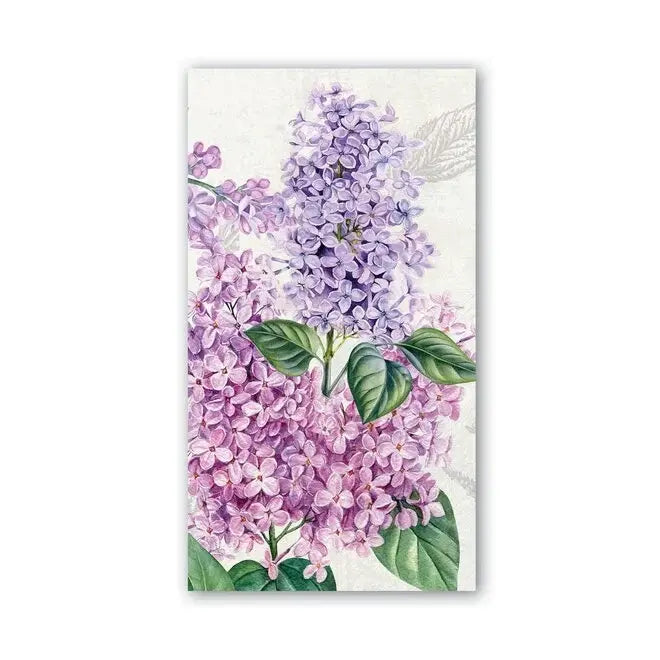 Packaged Hostess napkins in French lilacs color with floral pattern.