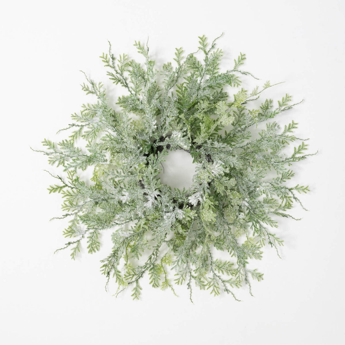 6.5-inch frosted green plastic fern ring with textured snow-dusted branches.