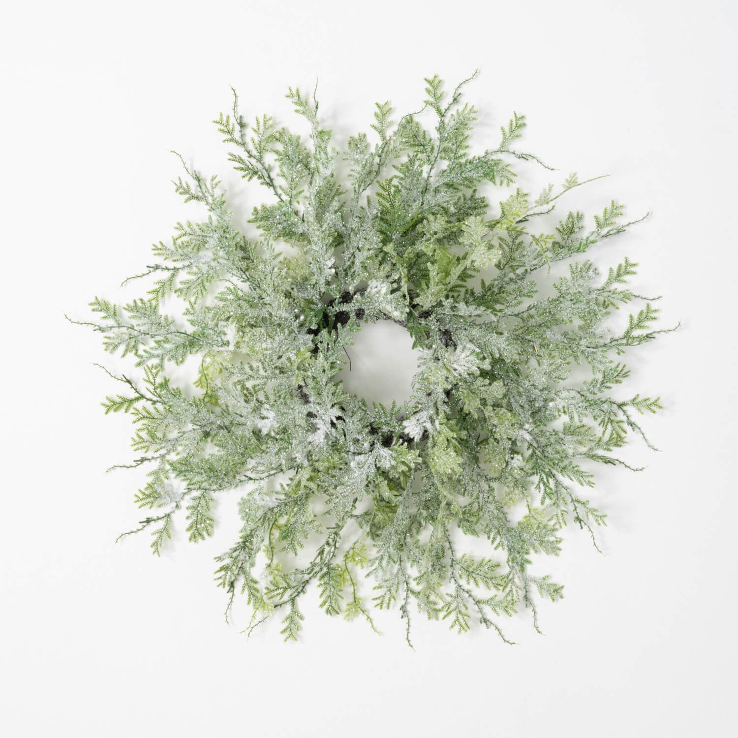 6.5-inch frosted green plastic fern ring with textured snow-dusted branches.