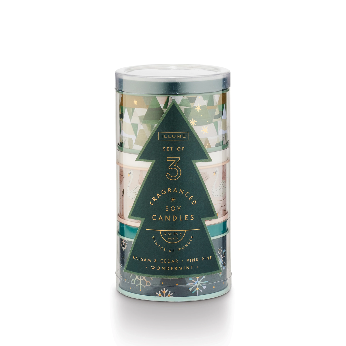 Illume set of 3 fragranced soy candles in a cylindrical container with a winter tree design. Scents include Balsam & Cedar, Pink Pine, and Wondermint.