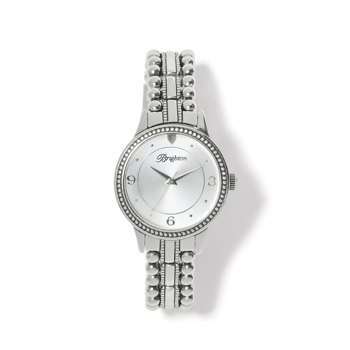 Silver-plated Mexico City Watch with a beaded band, round face, and Brighton logo.