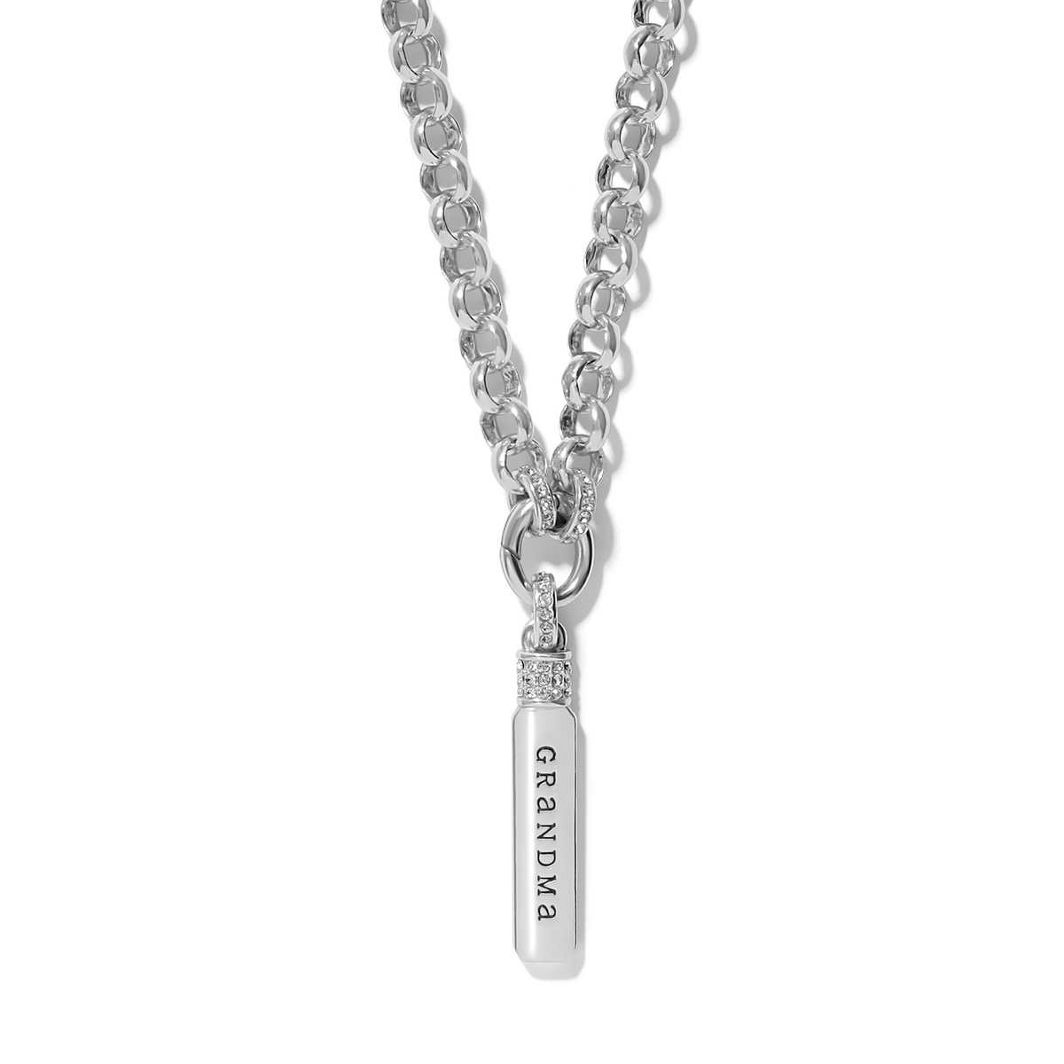 Silver-tone chain necklace with a crystal-accented bar pendant engraved with "GRANDMA".