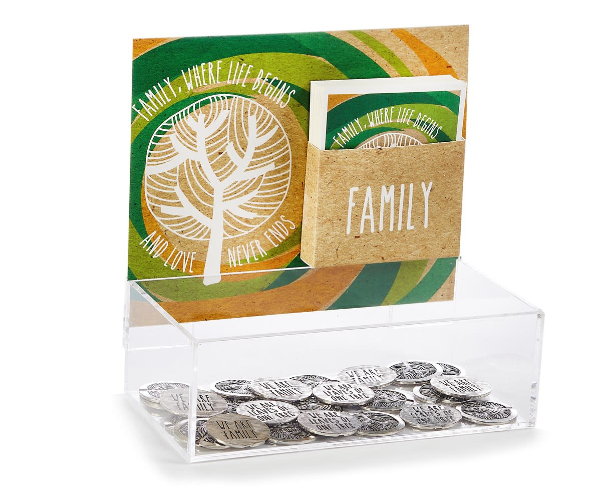 Family tree display with sentiment cards and "We Are Leaves of One Tree" tokens in a clear box.