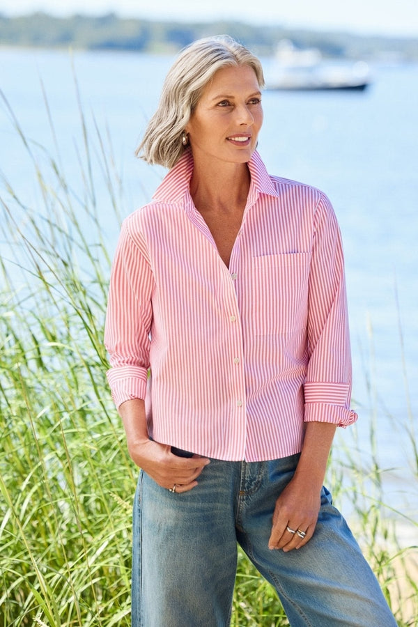 Jodie long sleeve short shirt in white cotton with black pinpoint stripe pattern