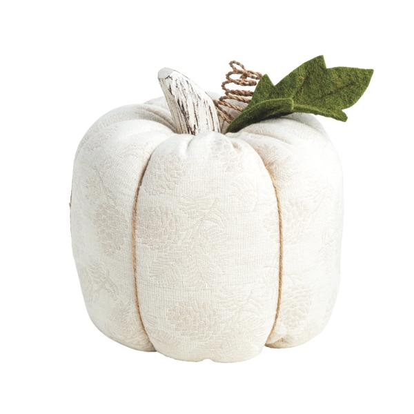 White jacquard fabric pumpkin with a textured pattern, mango wood stem, and green felt leaf.