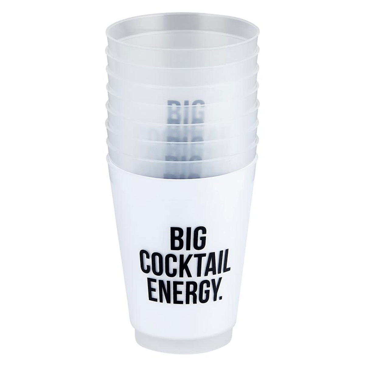 Frosted clear plastic reusable cup with a fun cocktail energy drink pattern.