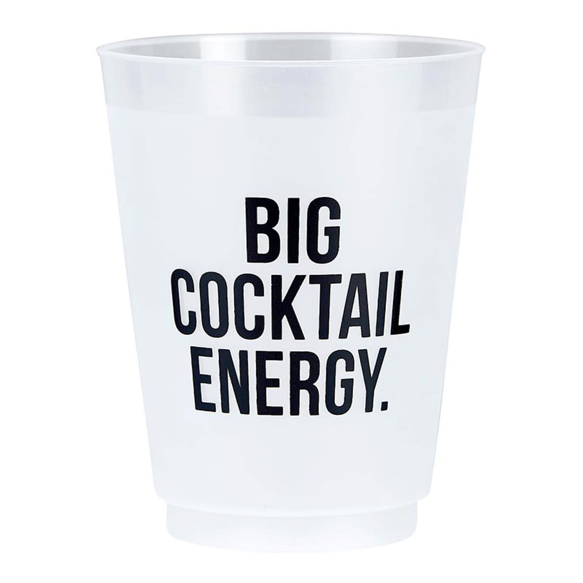 Frosted clear plastic reusable cup with a fun cocktail energy drink pattern silhouette.