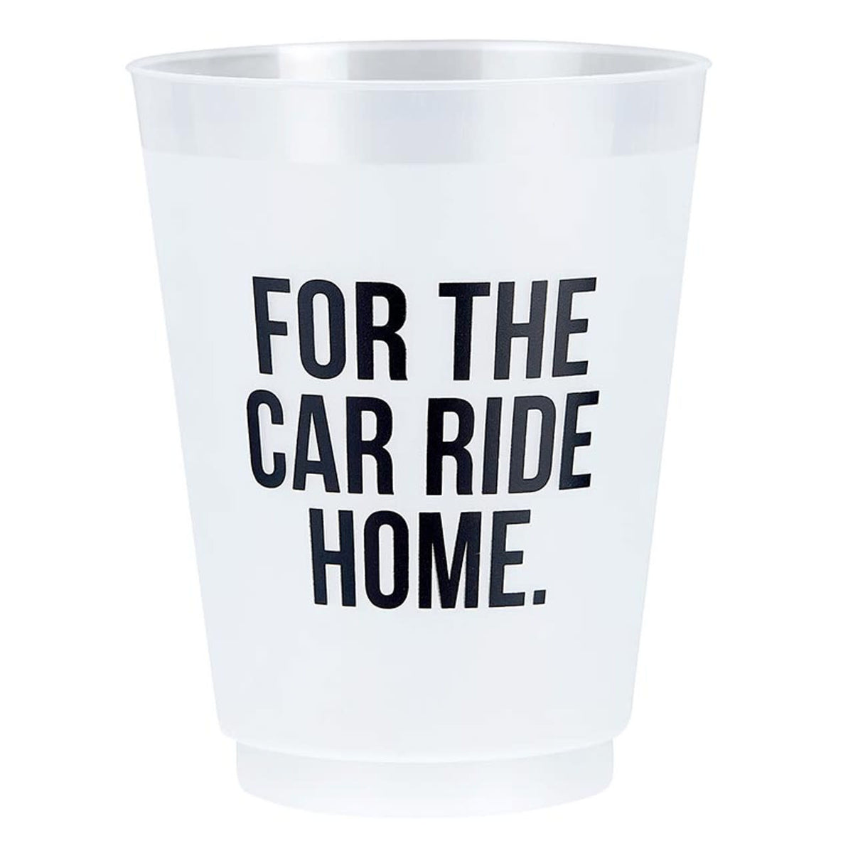 Frosted clear plastic reusable cup with a fun car-themed design pattern.