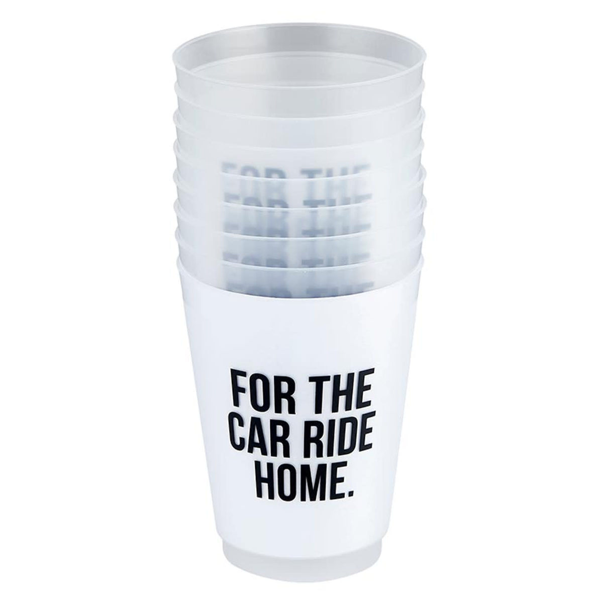 Frost Cup: frosted clear plastic reusable cup with fun car ride home graphic design