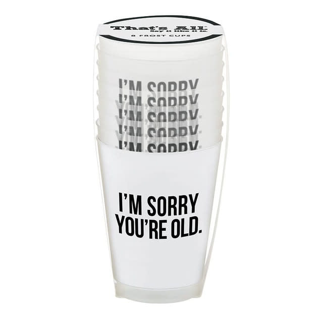 Frosted clear plastic reusable cup with a fun party design pattern.