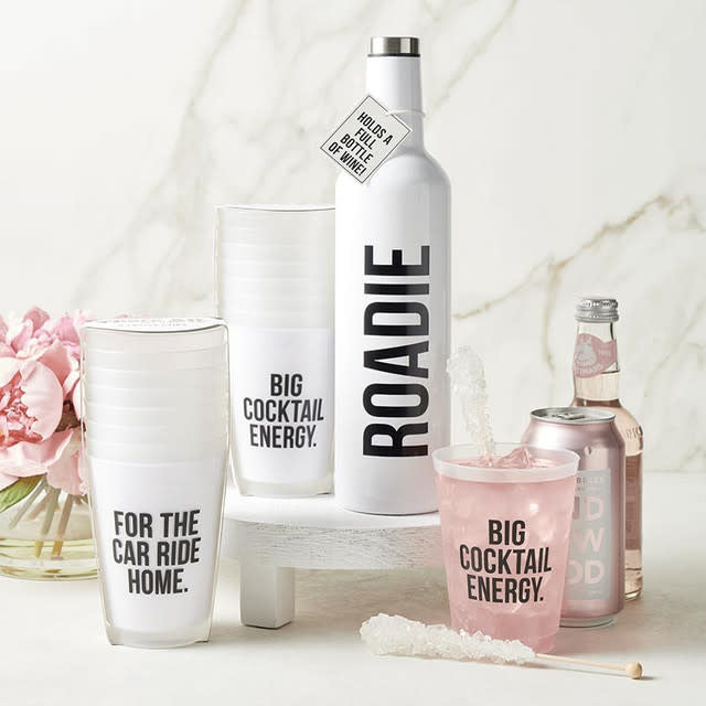 Frosted clear plastic reusable cup with a fun party design pattern.