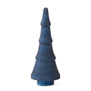Set of frosted blue pressed glass Christmas trees with vintage detailing on a white background.