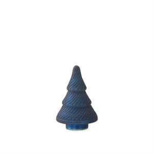 Frosted blue pressed glass Christmas tree with vintage detailing on a tabletop.