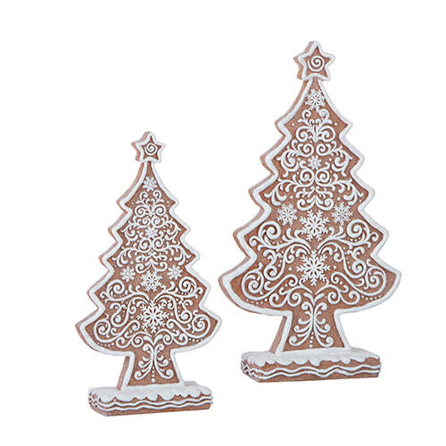 Resin frosted gingerbread tree ornament with a white snowy finish on a dark silhouette.