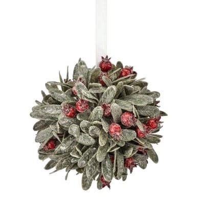 Frosted Mistletoe & Berry Kissing Ball ornament with green leaves and red berries.
