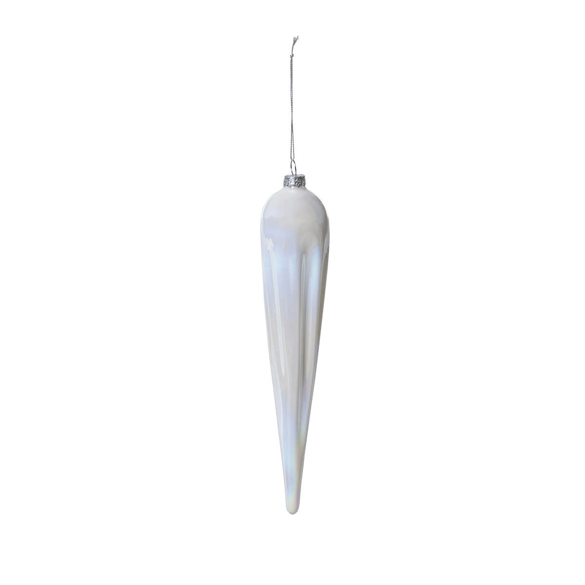 Pearlescent white glass icicle ornament with elongated frosted silhouette