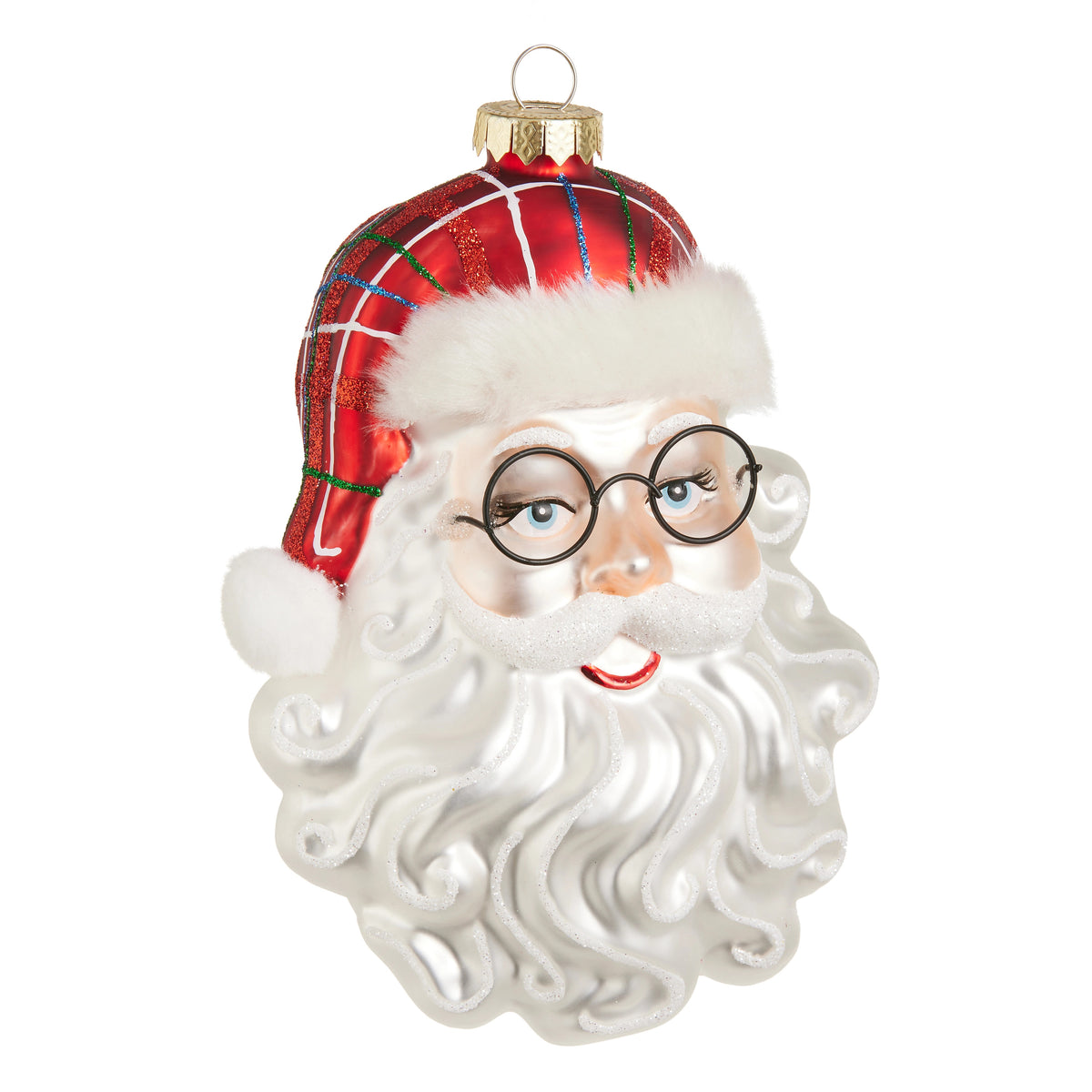 6.5-inch glass Santa head ornament with a red plaid hat, round glasses, and a white glittery beard.