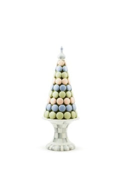 Cameo Macaron Tree featuring pastel blue, green, and pink macarons on a checkered pedestal stand.