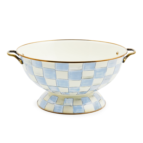 Hand-glazed steel bowl with Sky Blue Checks pattern, antiqued brass handles, and bronzed stainless rim.